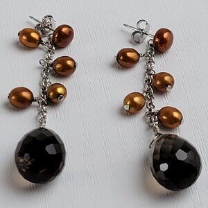 SGI Sterling Silver Gold Pearl Smoky Quartz Dangle Earrings 2" Pierced Post